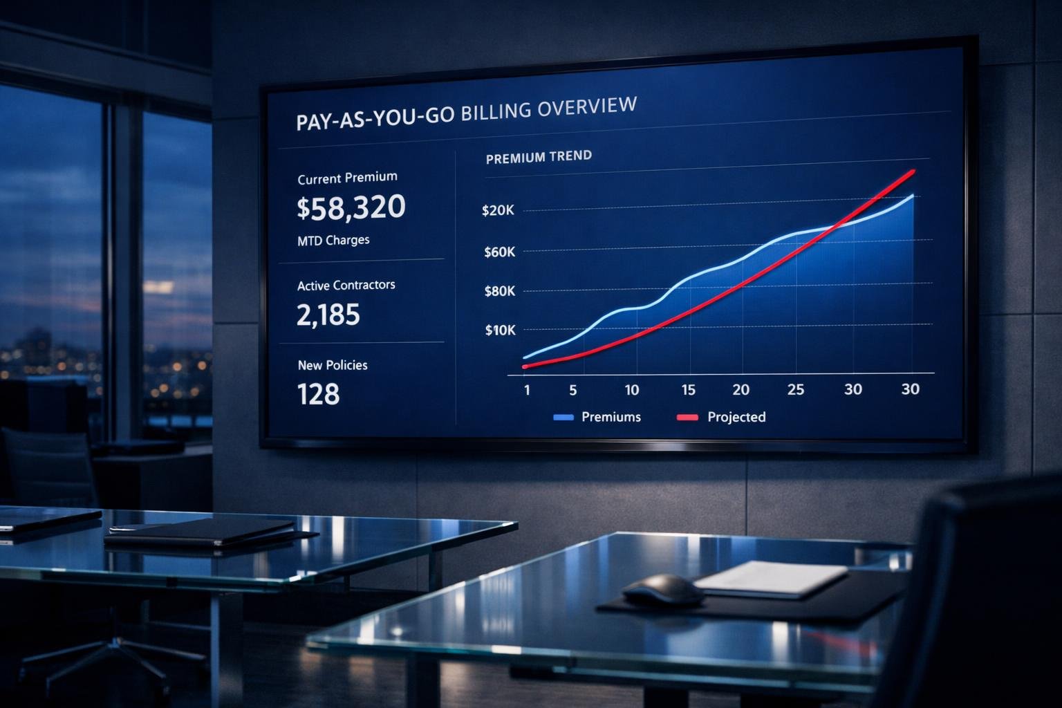 Real-time insurance billing dashboard in a modern commercial insurance agency command center