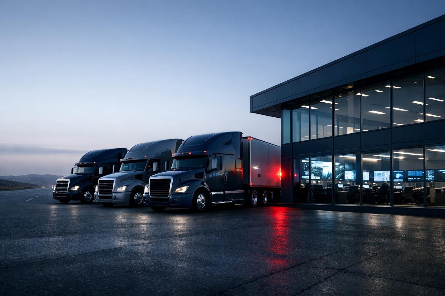 Same-day agency onboarding concept: modern semi-truck fleet at a logistics command center at dawn