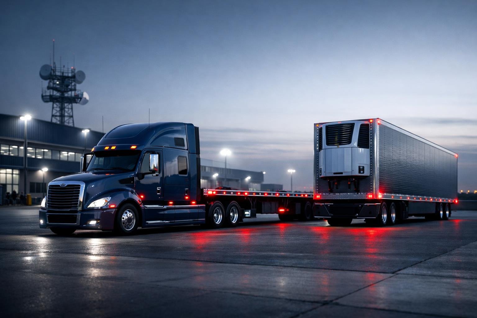 Flatbed and reefer semi-trucks at a logistics yard at dusk illustrating specialty trucking OAI coverage
