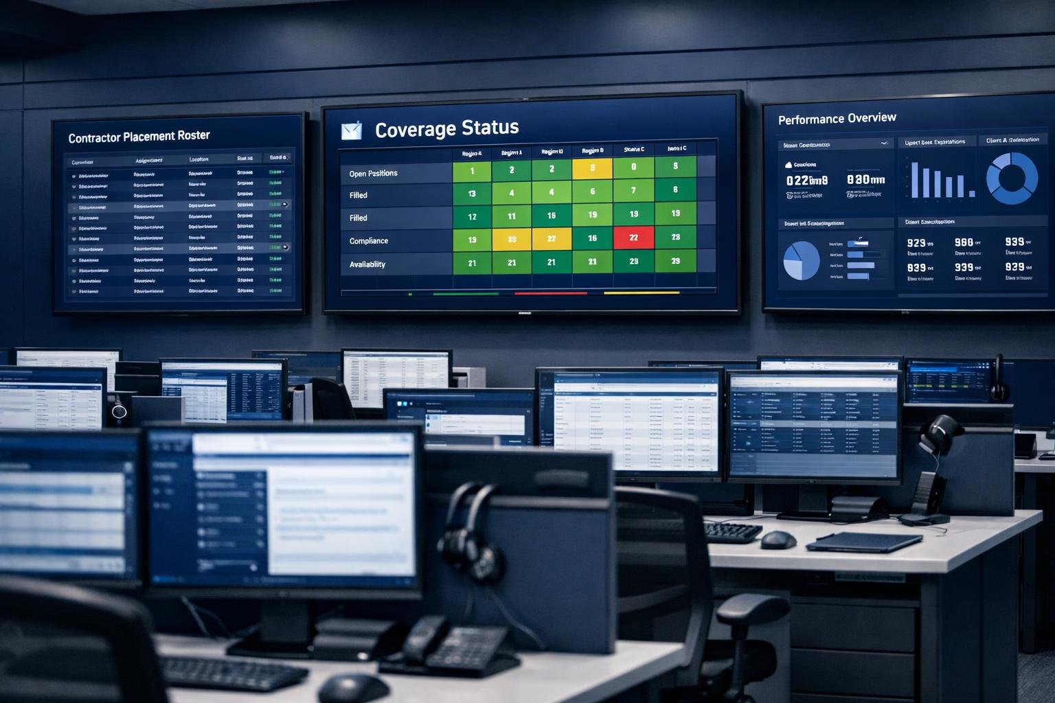 Staffing agency operations center with contractor roster dashboards illustrating staffing firm 1099 insurance cross-sell