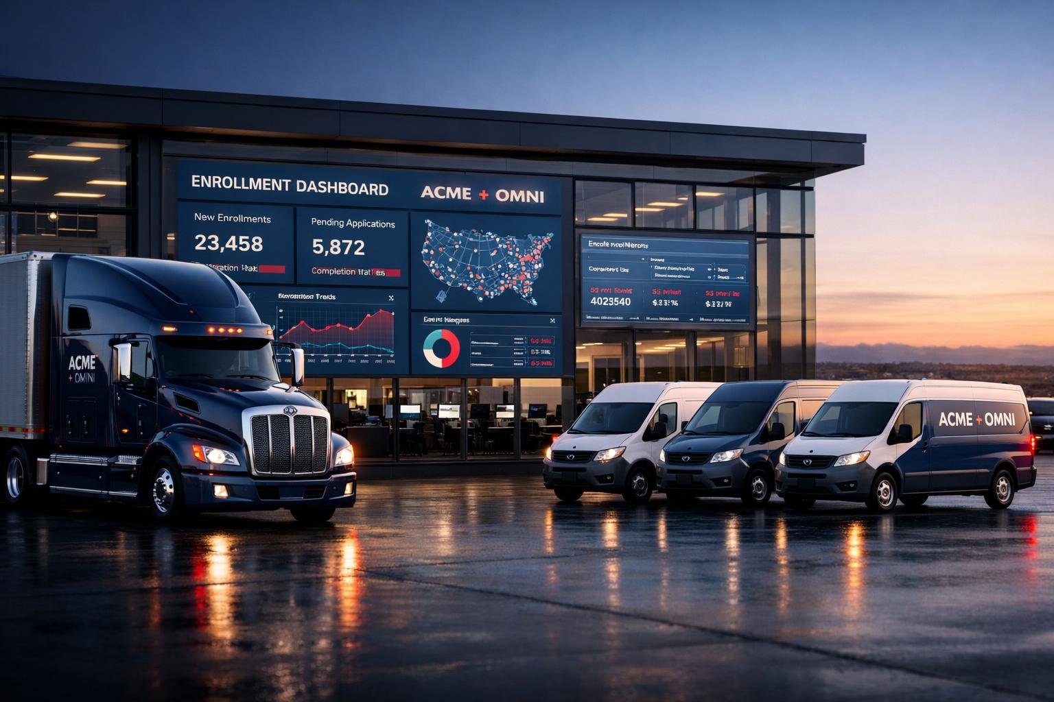 Co-branded white-label insurance program command center with logistics trucks at dawn