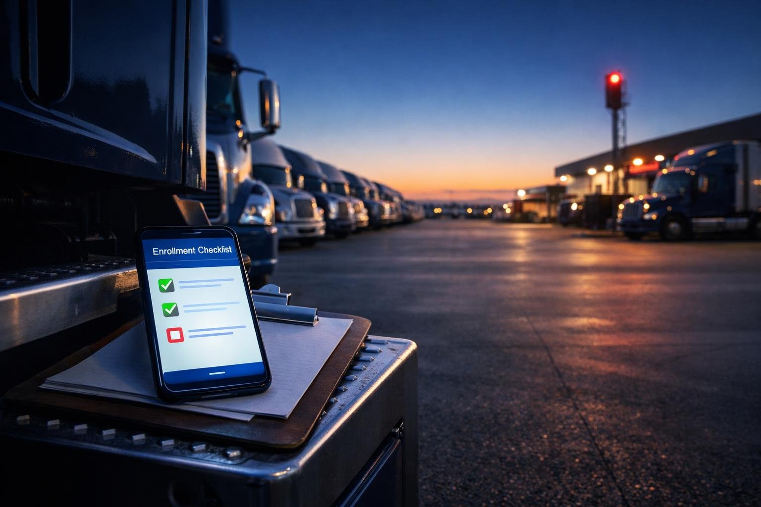 Semi-trucks at a terminal at dawn with a smartphone showing a 1099 driver enrollment form