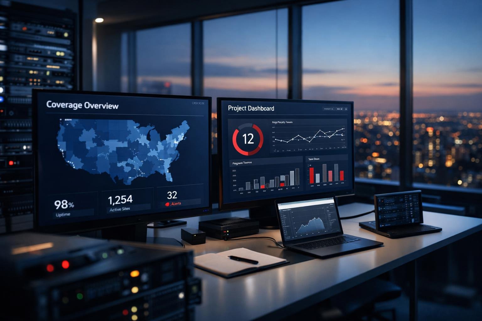 Modern IT operations workspace with coverage dashboards representing 1099 IT contractor coverage