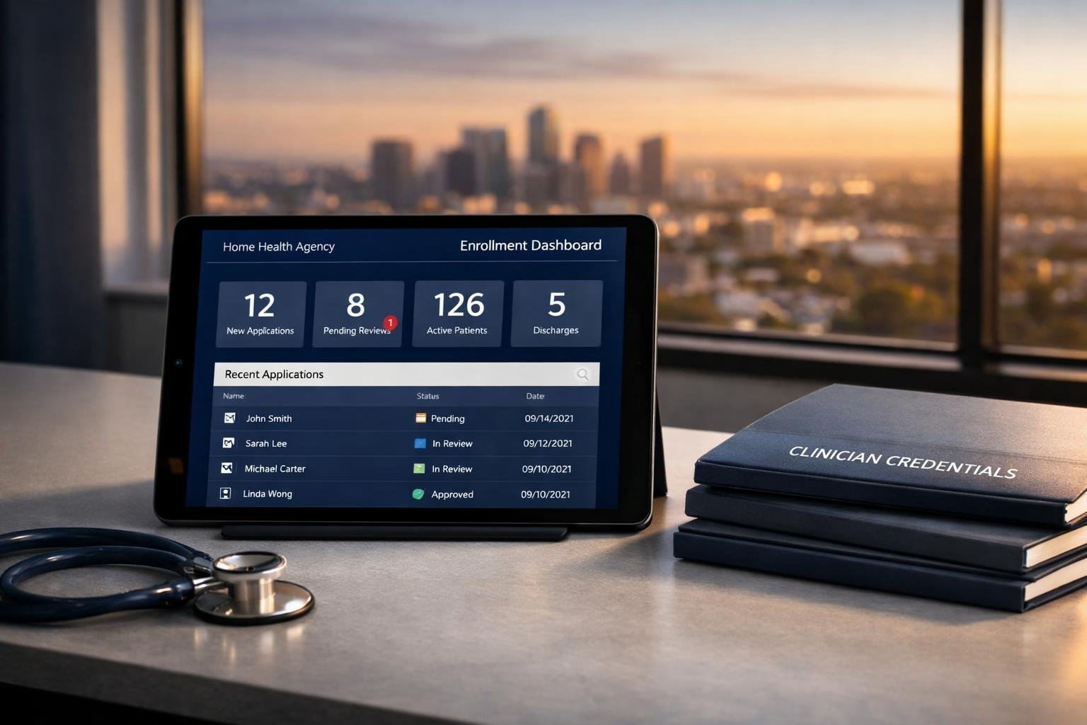 Modern home health agency workspace with 1099 nurse coverage enrollment dashboard on a tablet