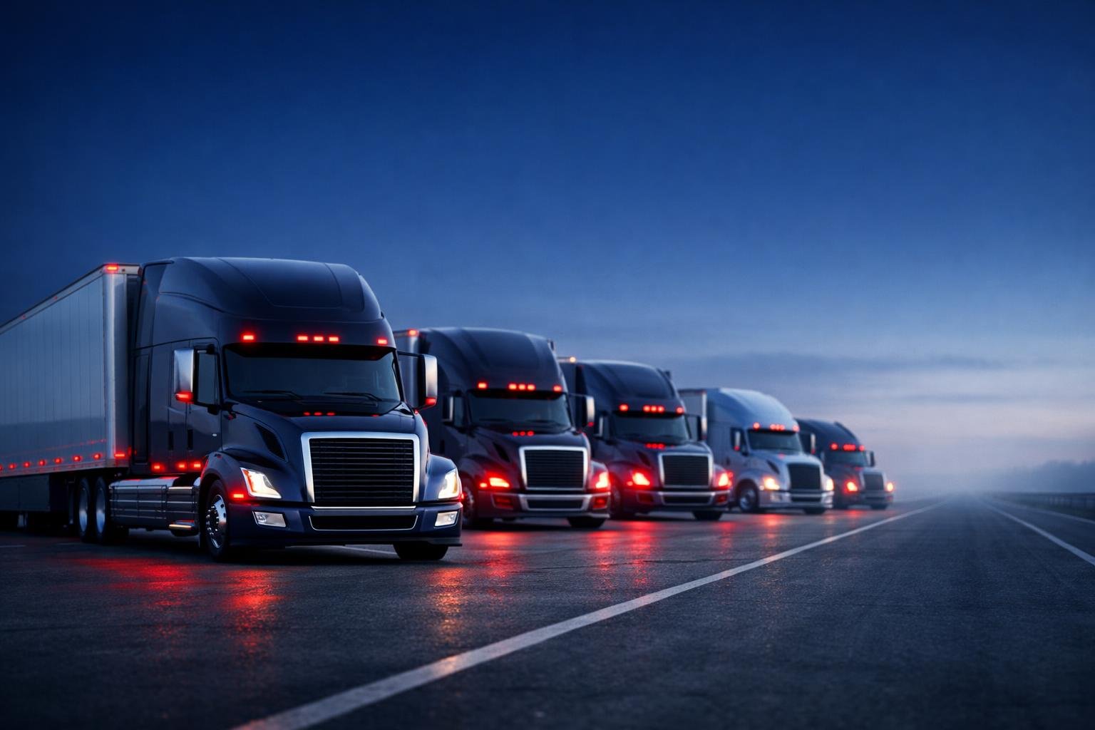 Modern American semi-truck fleet at dawn on an open highway, representing owner-operator coverage for 1099 fleets