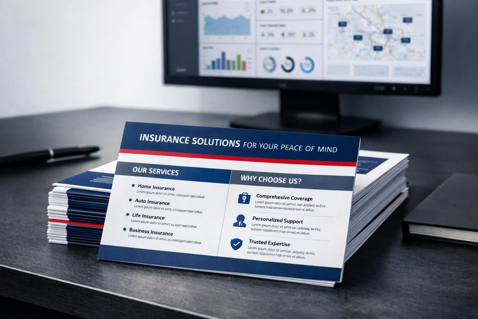 Stack of print-ready agency-branded collateral flyers and one-pagers on a modern executive desk