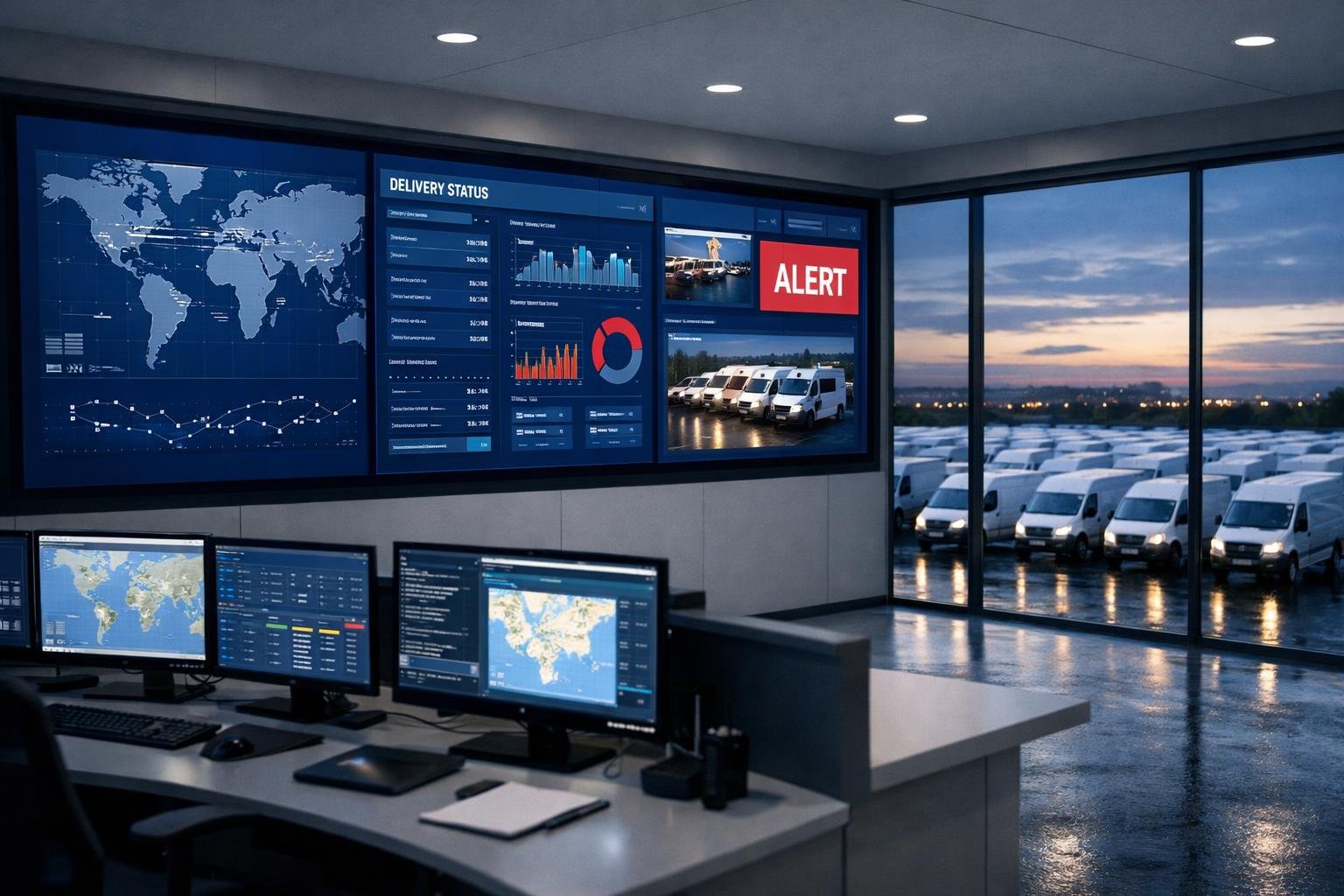Logistics command center overlooking a delivery van fleet — closing leverage for insurance agencies