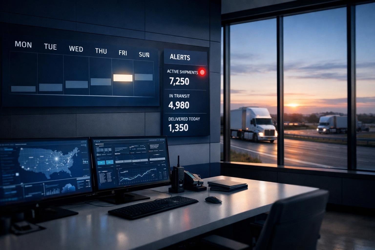Command-center logistics office with weekly timeline displays representing the first week after an OAI appointment