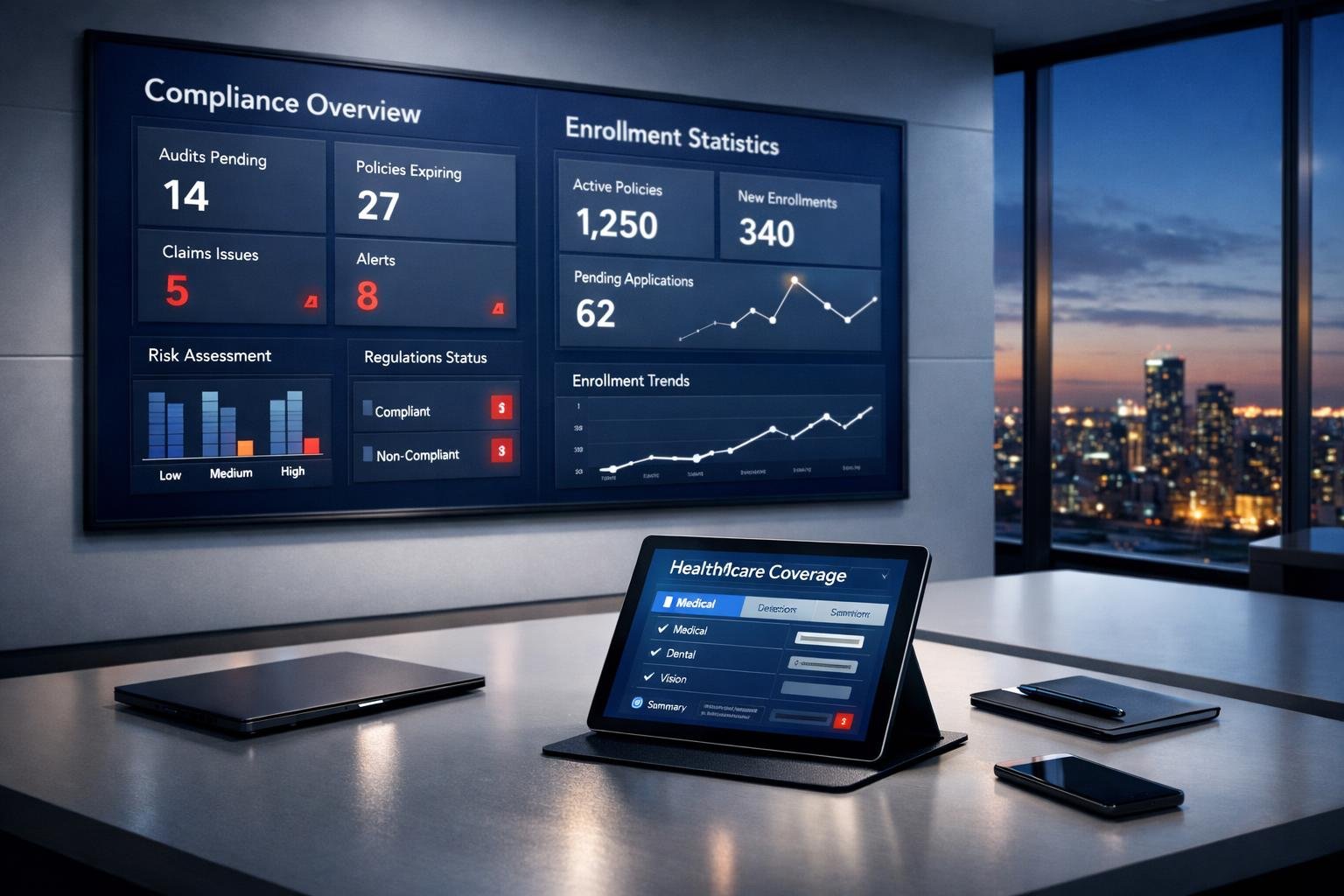 Modern insurance command center dashboard showing home health 1099 coverage enrollment and billing metrics