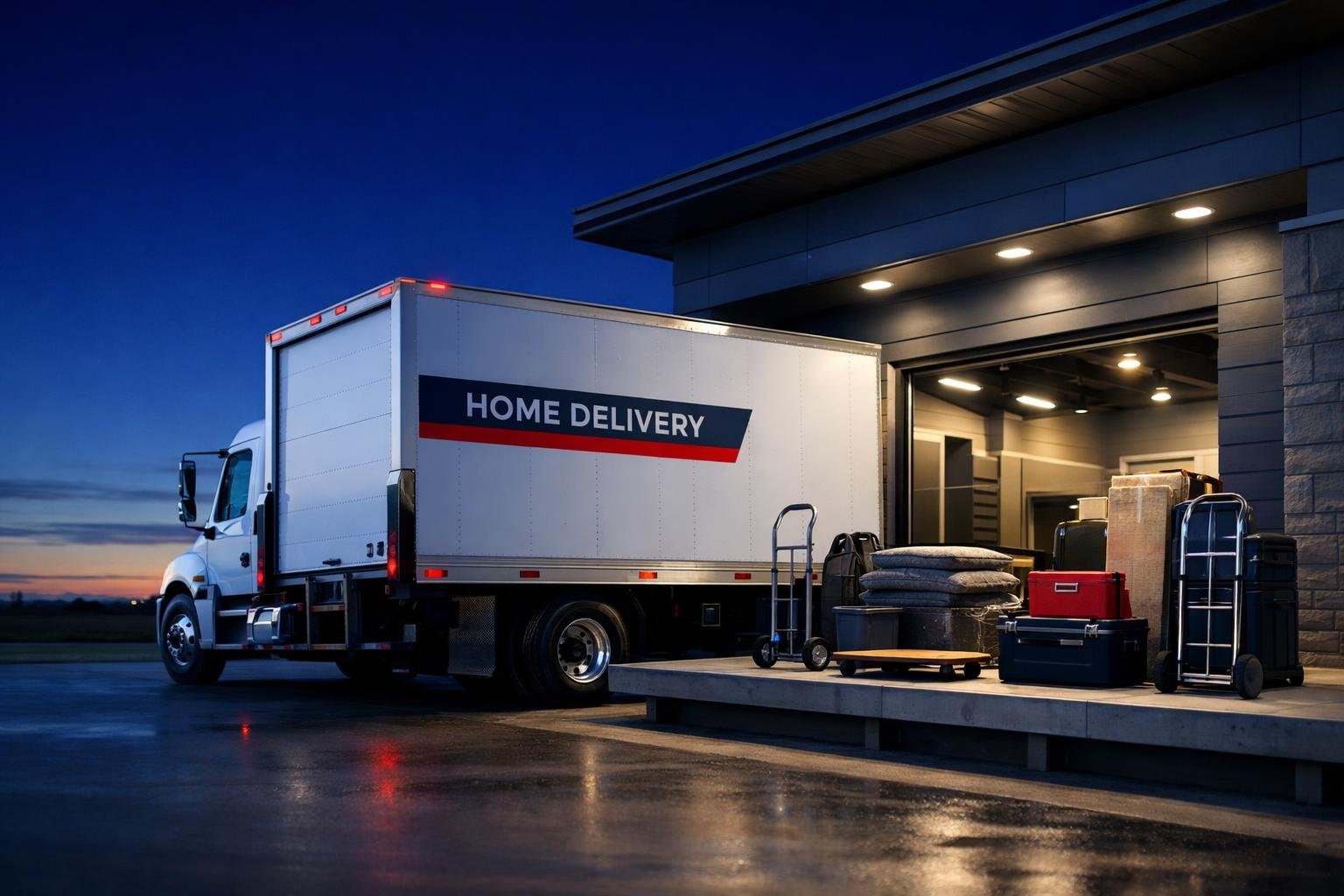 Install subcontractor insurance — box truck at a delivery bay staged for big-box install work at dawn