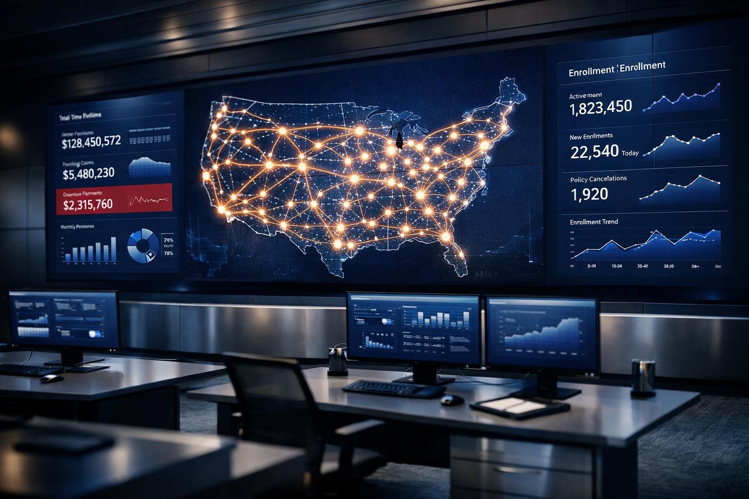 Command center dashboard visualizing insurance distribution rails and a co-branded agency network map