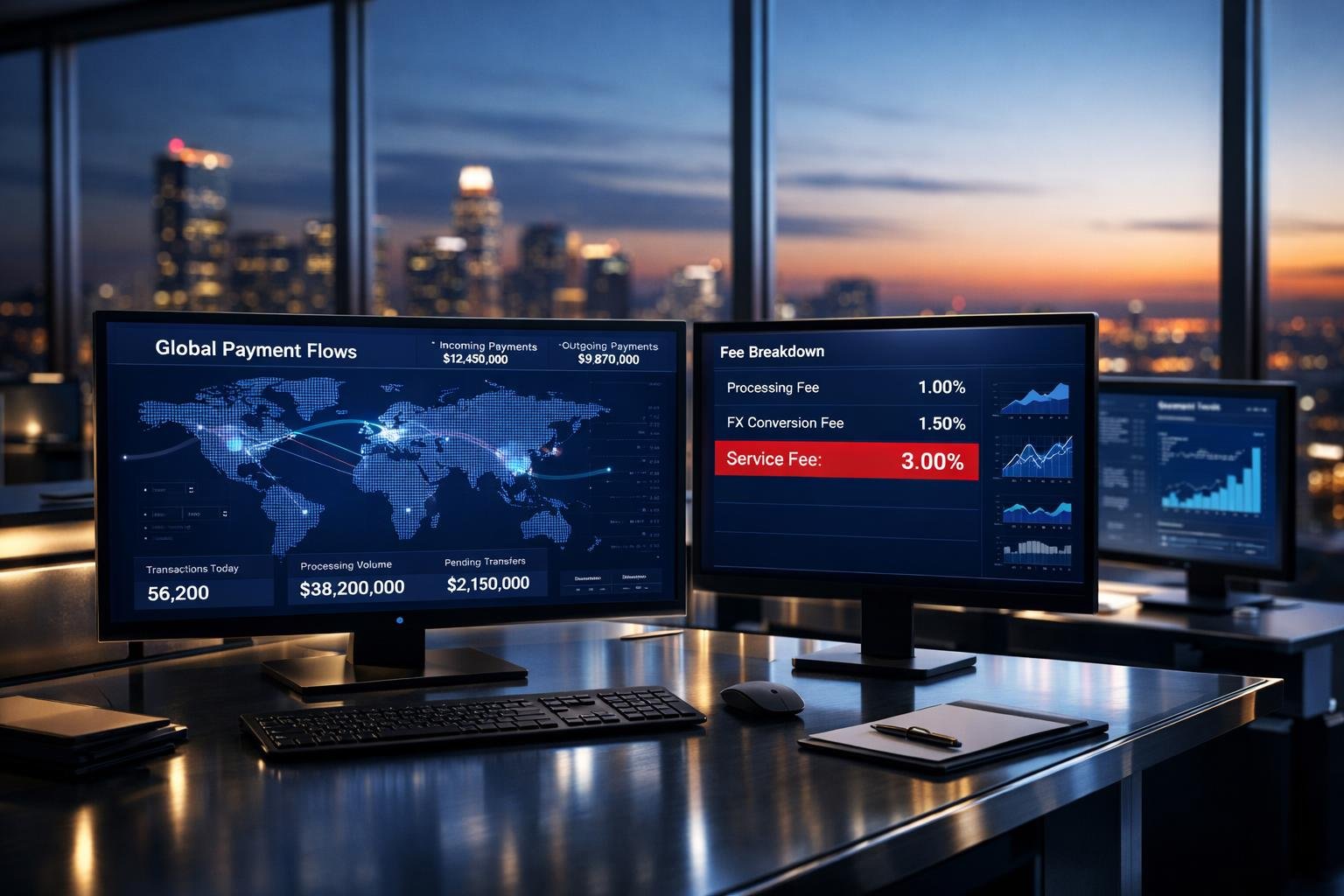 Command-center payment dashboard illustrating insurance fee pass-through revenue on agency billing rails