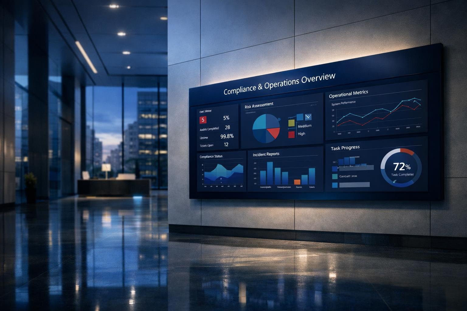Modern commercial office lobby with operations dashboard illustrating janitorial 1099 coverage for insurance agencies