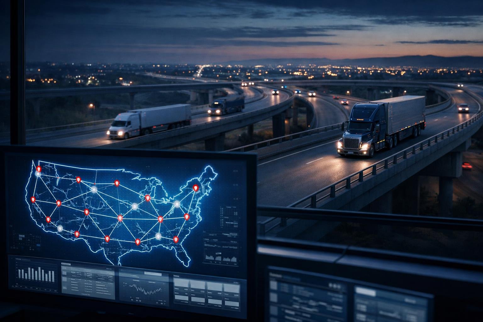 Command-center map of US routes for a multi-state OAI program covering every state from one appointment