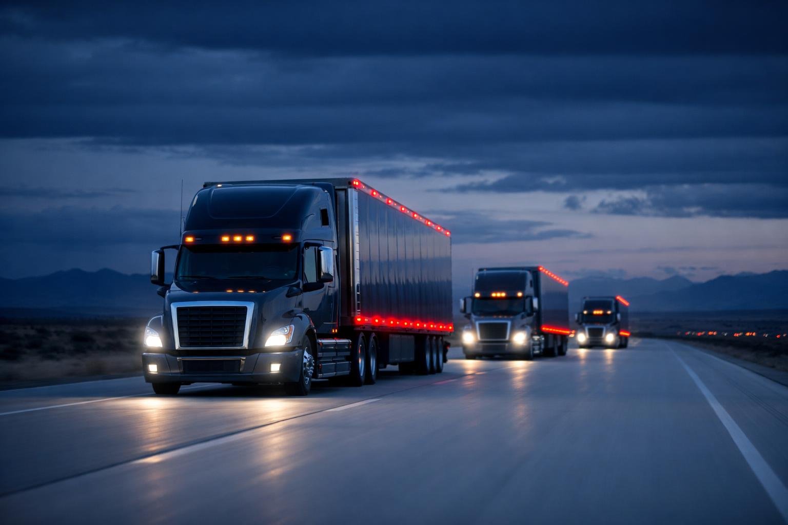 Modern American semi-truck fleet at dusk representing occupational accident insurance for trucking agencies