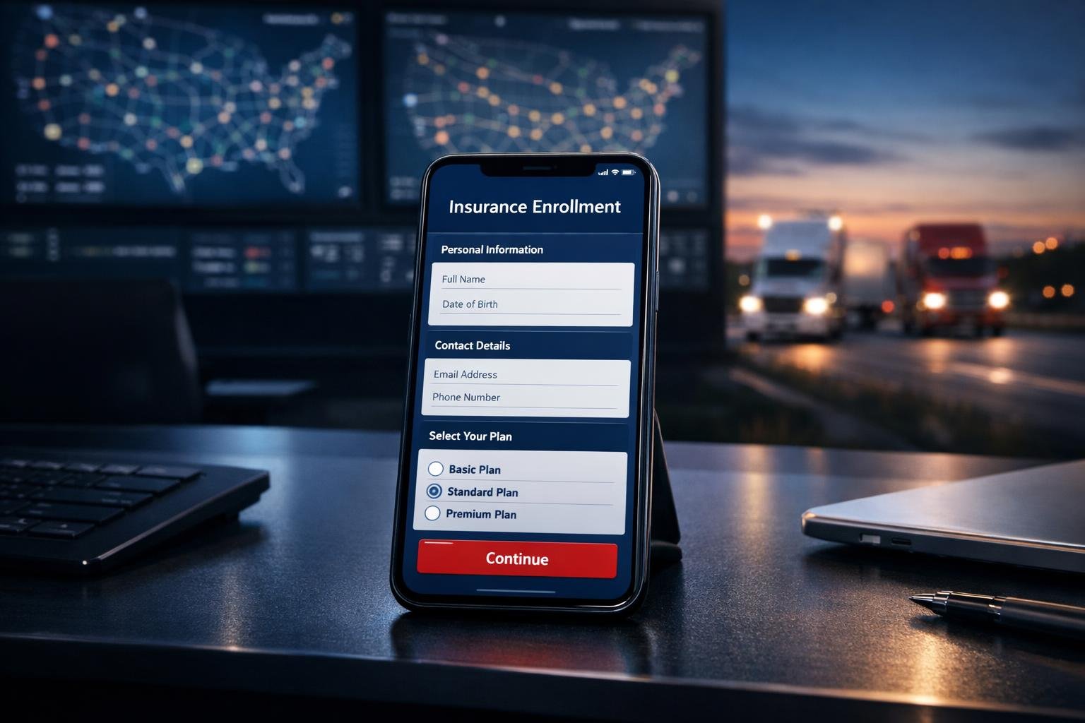 Smartphone showing a phone-first insurance enrollment interface in a logistics command center