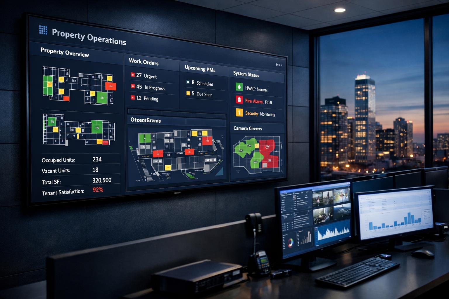Property management 1099 coverage dashboard in a modern commercial operations command center