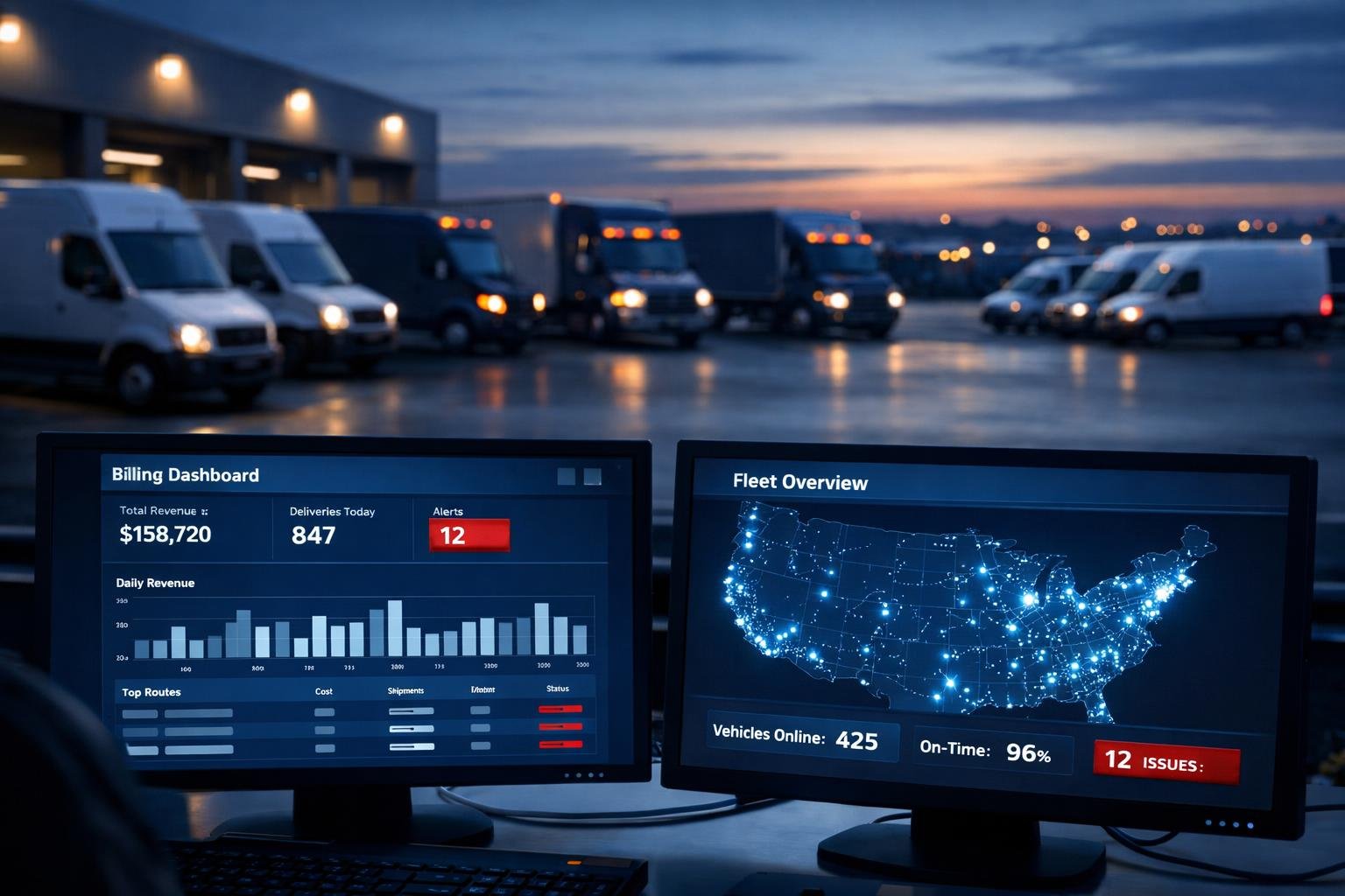 Command-center dashboard showing real-time OAI billing over a last-mile delivery fleet at dusk