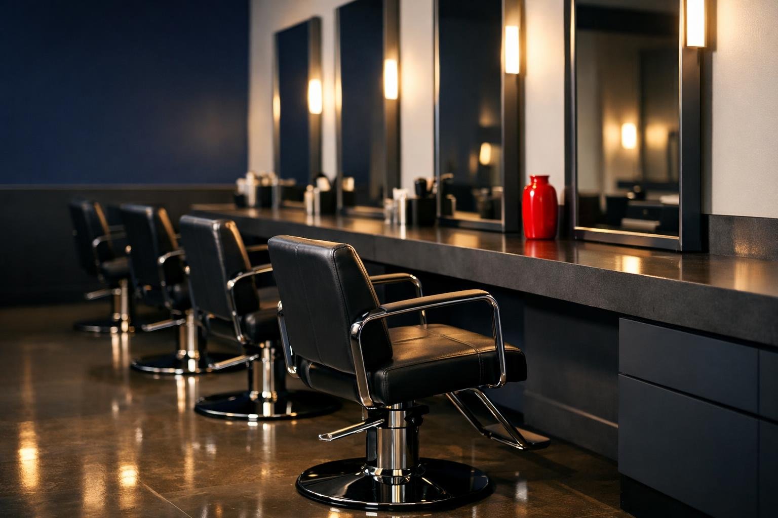 Modern salon interior with empty styling chairs representing salon booth renter insurance for 1099 professionals