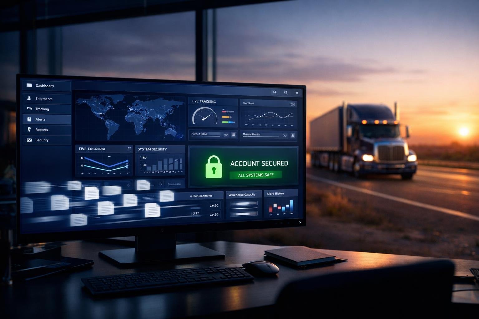 Semi-truck on open highway beside a logistics command-center dashboard — trucking account retention bound same day