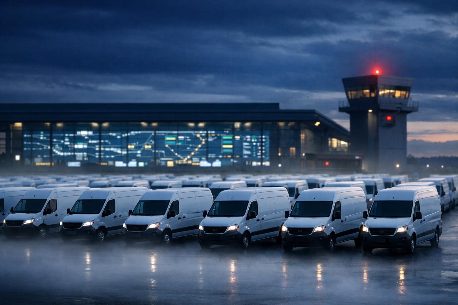 Modern delivery van fleet at a logistics hub at dawn representing DSP occupational accident insurance