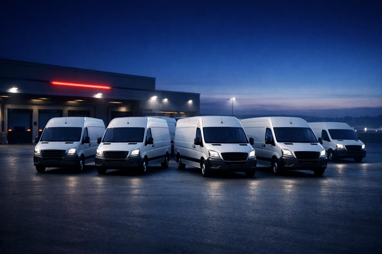 Fleet of delivery vans at dawn depot — 1099 delivery driver coverage for last-mile fleets