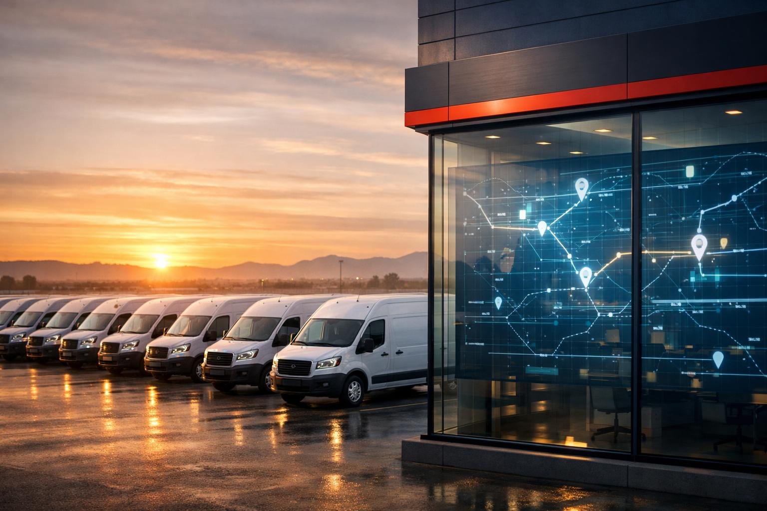 Modern delivery vans staged at a last-mile logistics hub at dusk, representing 1099 delivery driver coverage