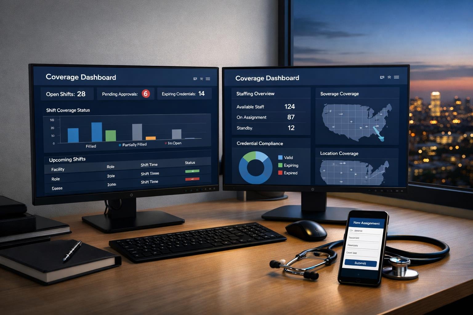Modern healthcare staffing operations dashboard representing 1099 nurse coverage enrollment