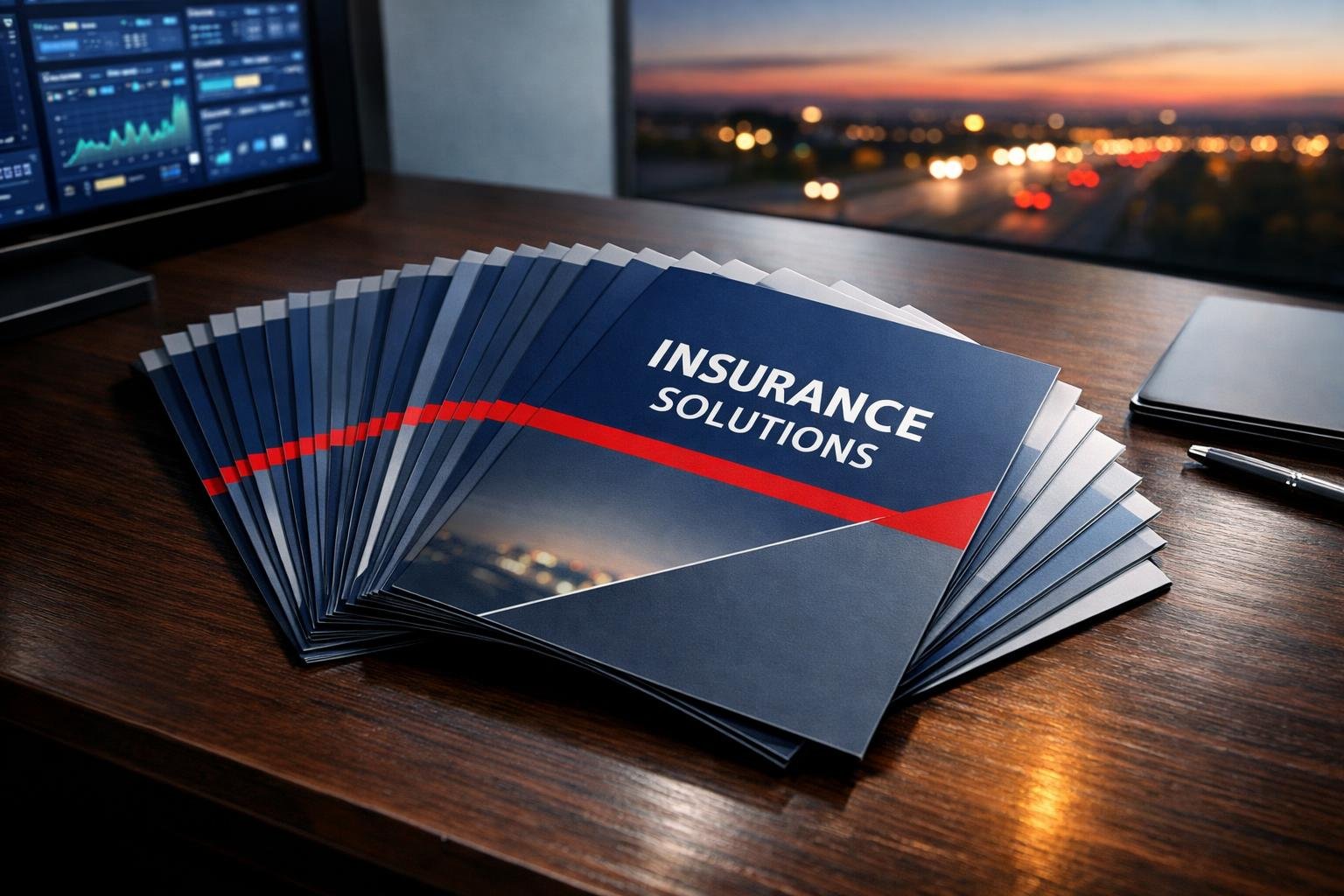 Stack of print-ready agency-branded collateral on a modern insurance office desk