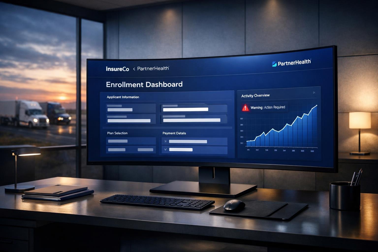 Modern agency command center screen showing an agency-branded storefront enrollment dashboard at dusk