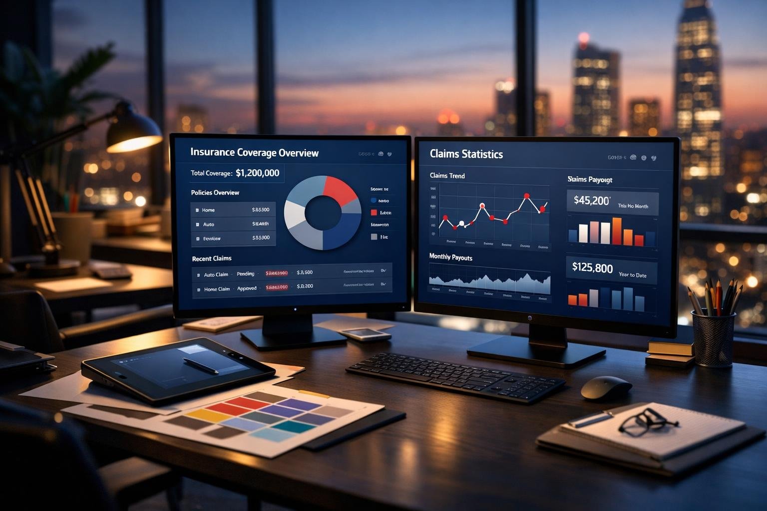 Modern design studio workspace with coverage dashboard illustrating design studio 1099 coverage cross-sell