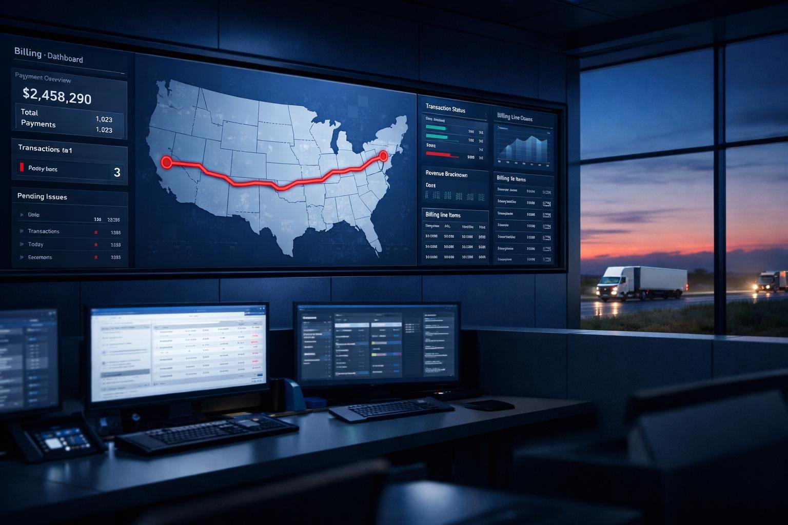 Command-center billing dashboard visualizing fee pass-through revenue flow for an insurance agency