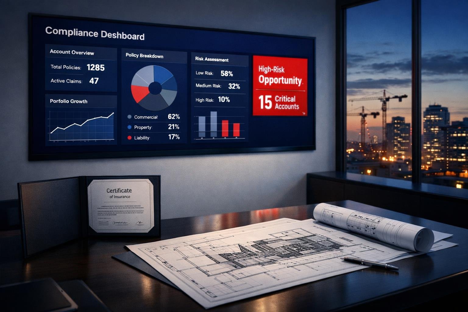 Commercial agency dashboard highlighting a 1099 cross-sell opportunity on general contractor accounts
