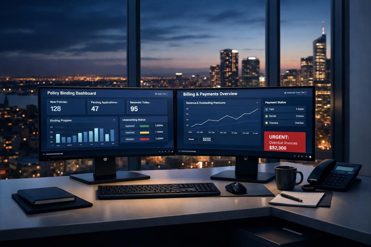 Command center dashboard visualizing automated insurance distribution rails and real-time policy binding
