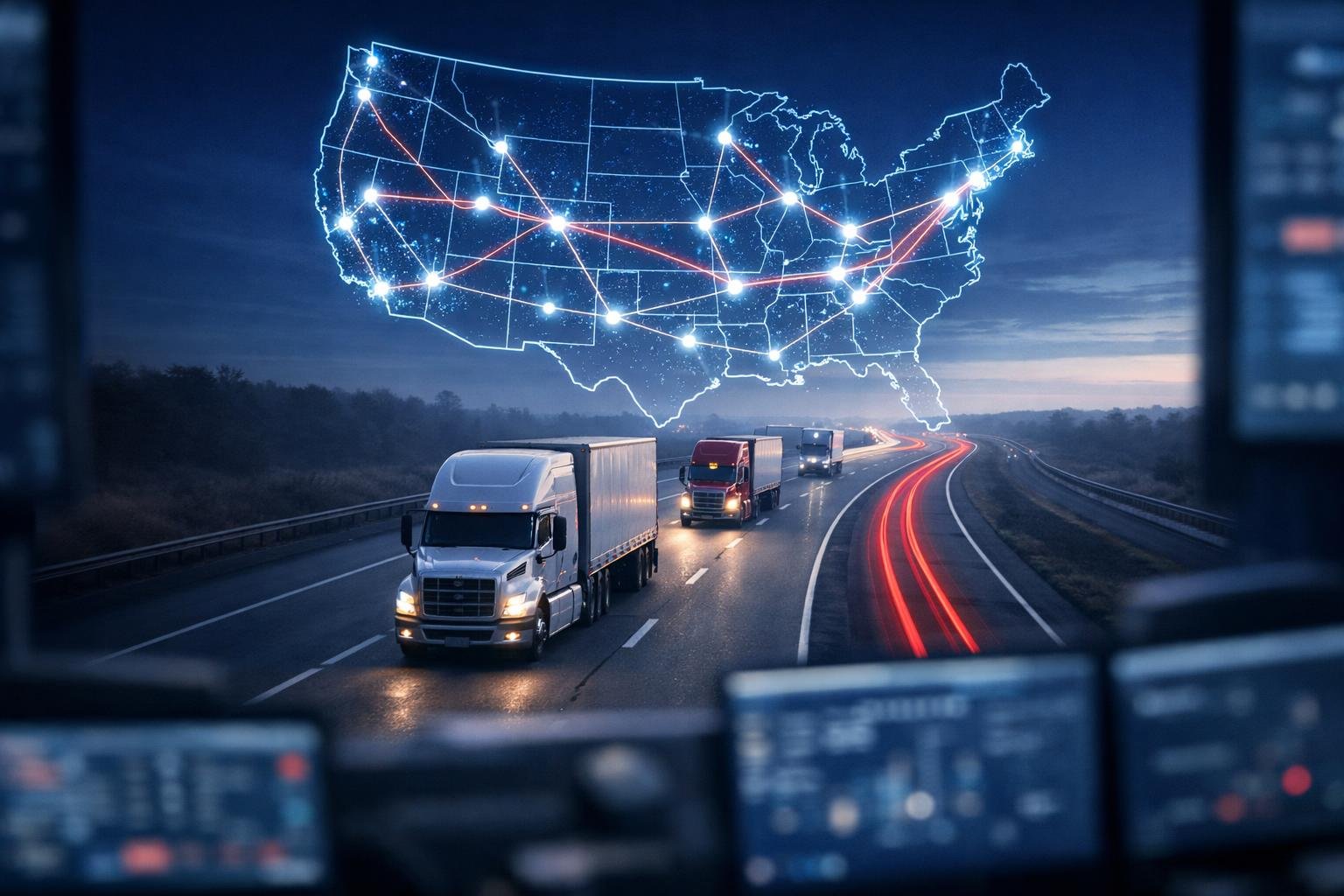 Semi-trucks crossing state lines under a digital U.S. map representing multi-state OAI coverage from one appointment