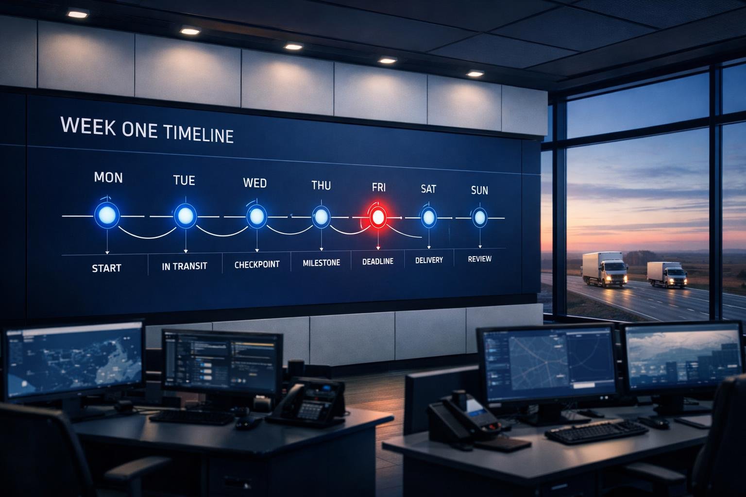 Logistics command center displaying an OAI agency appointment week-one onboarding timeline