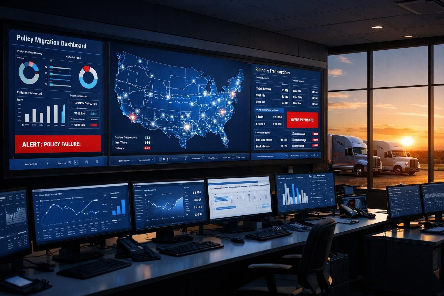 Logistics command center monitors tracking an OAI carrier switch with semi-trucks on the horizon