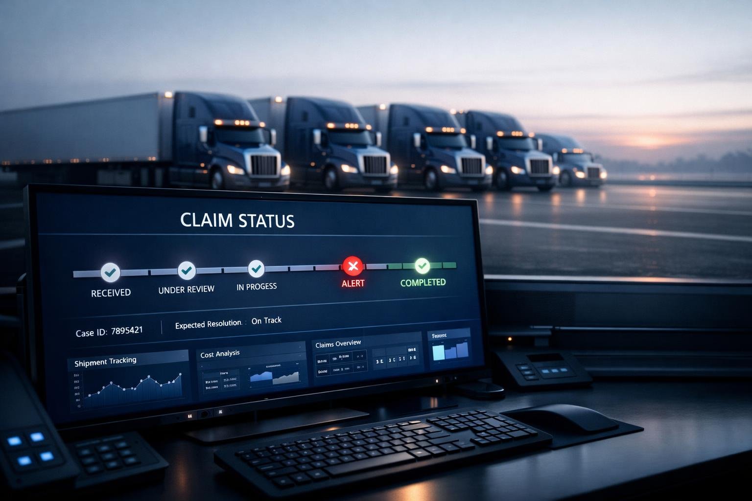 Semi-truck fleet at dawn with digital dashboard showing fast OAI claims response for trucking agencies