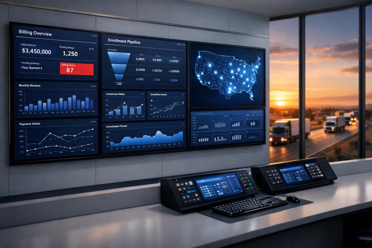 Command center dashboards tracking an agency's automated OAI revenue line billing and enrollment