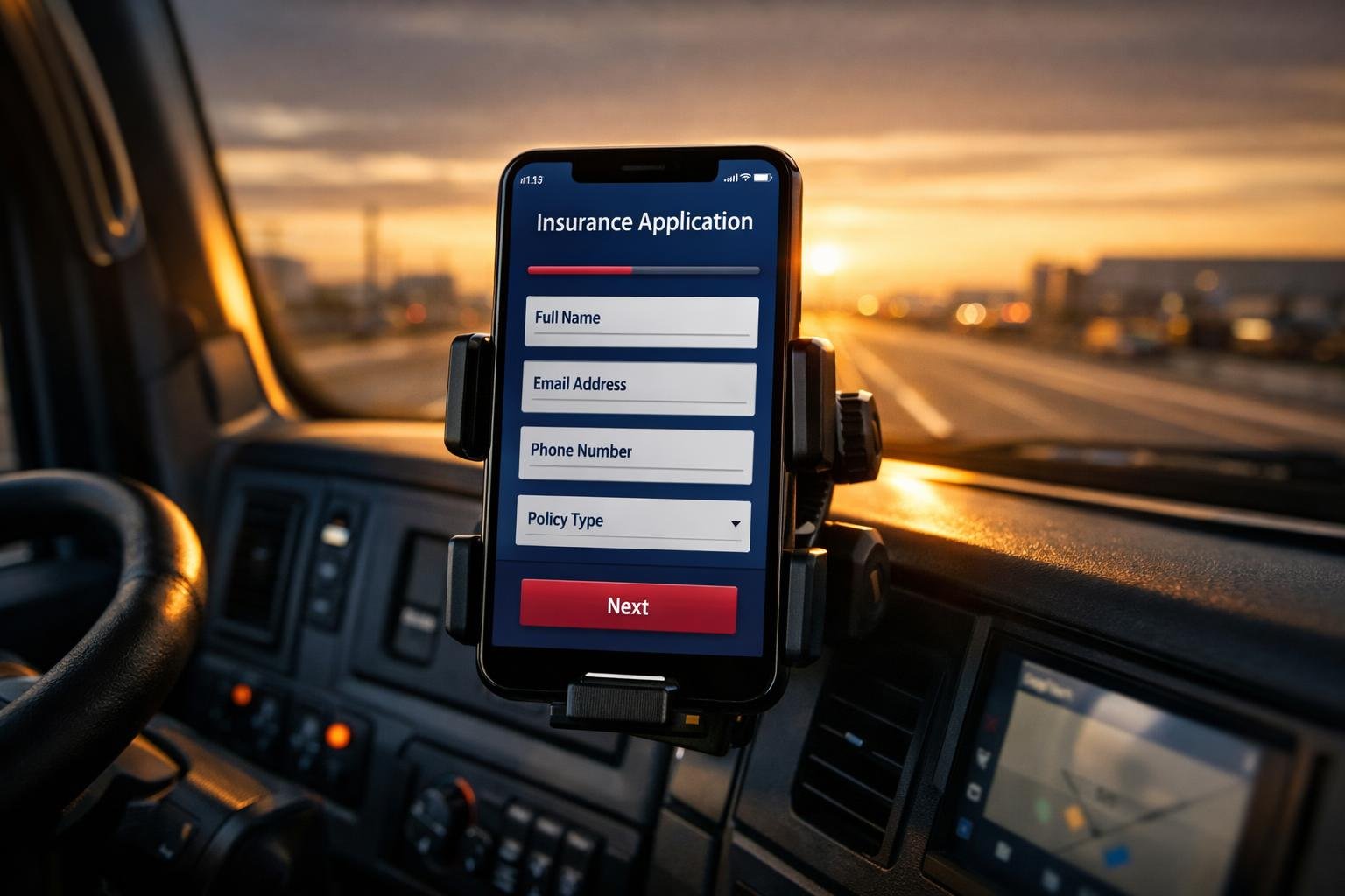 Smartphone showing a phone-first OAI application beside a modern American semi-truck at dusk, deep blue corporate tones