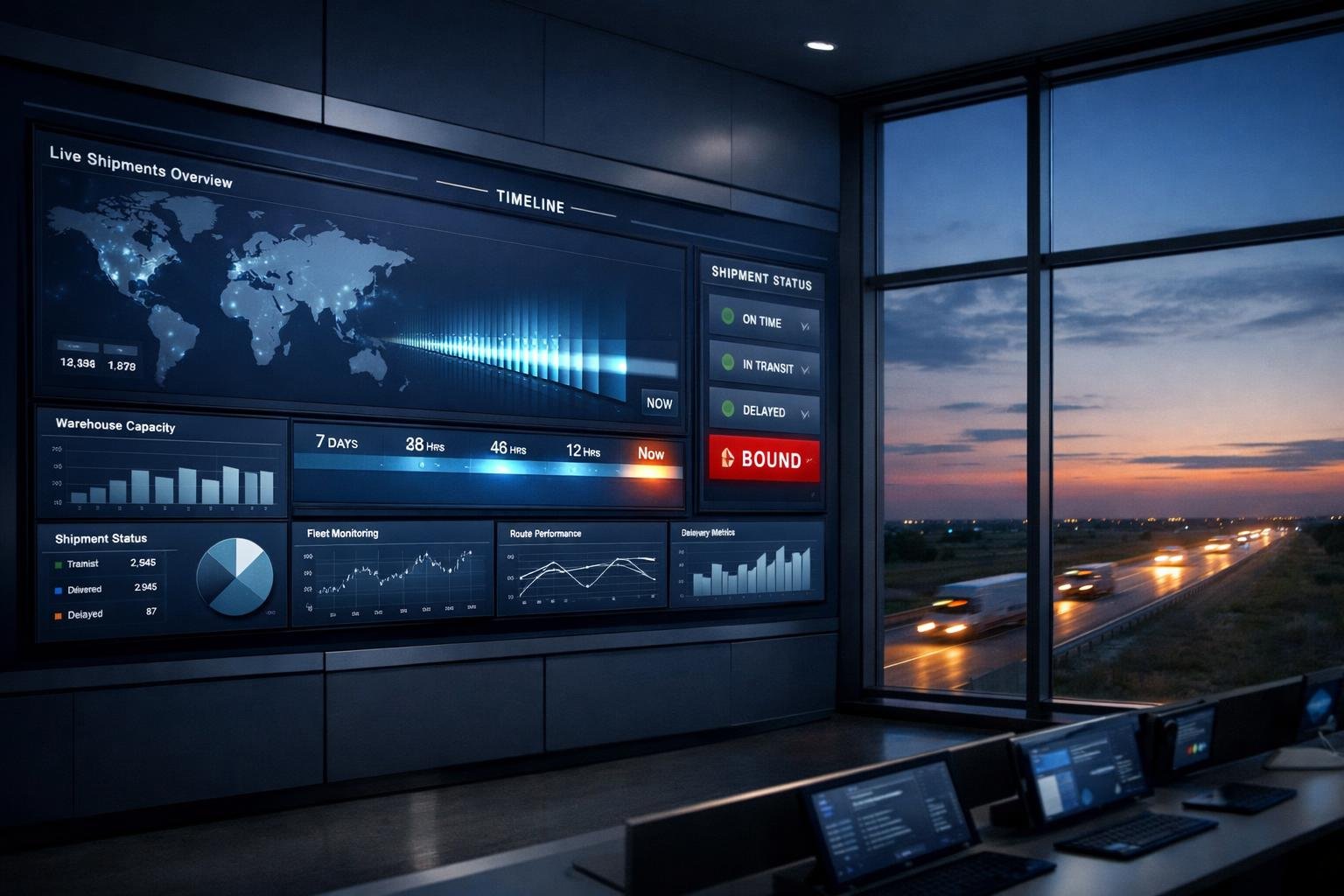 Logistics command-center dashboard showing quote to bind timeline compressing from days to hours