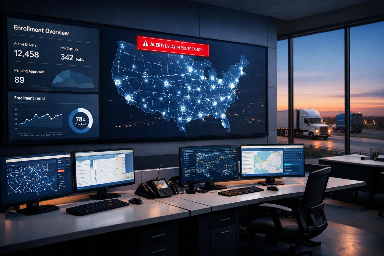 Same-day agency onboarding command center with logistics dashboards and semi-trucks on an open highway at dawn