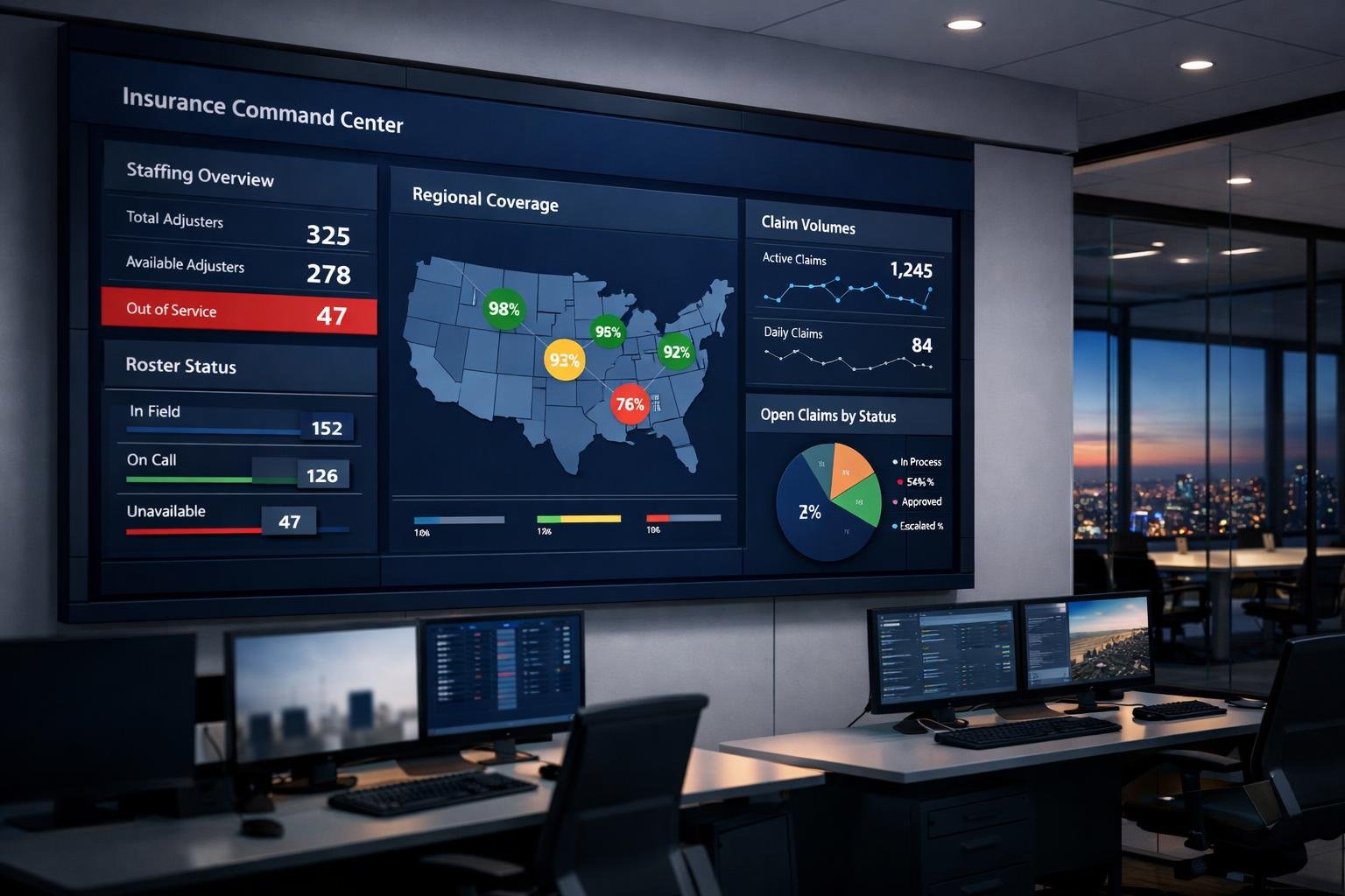 Staffing agency cross-sell dashboard visualizing 1099 contractor coverage across a commercial book