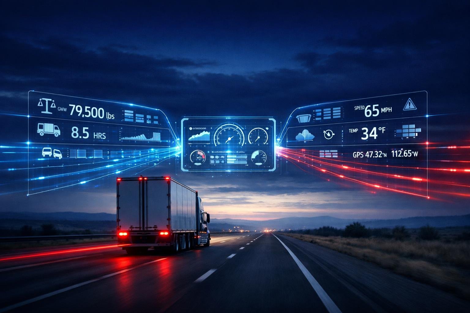 Modern American semi-truck on an interstate at dusk with a trucking compliance command-center dashboard overlay