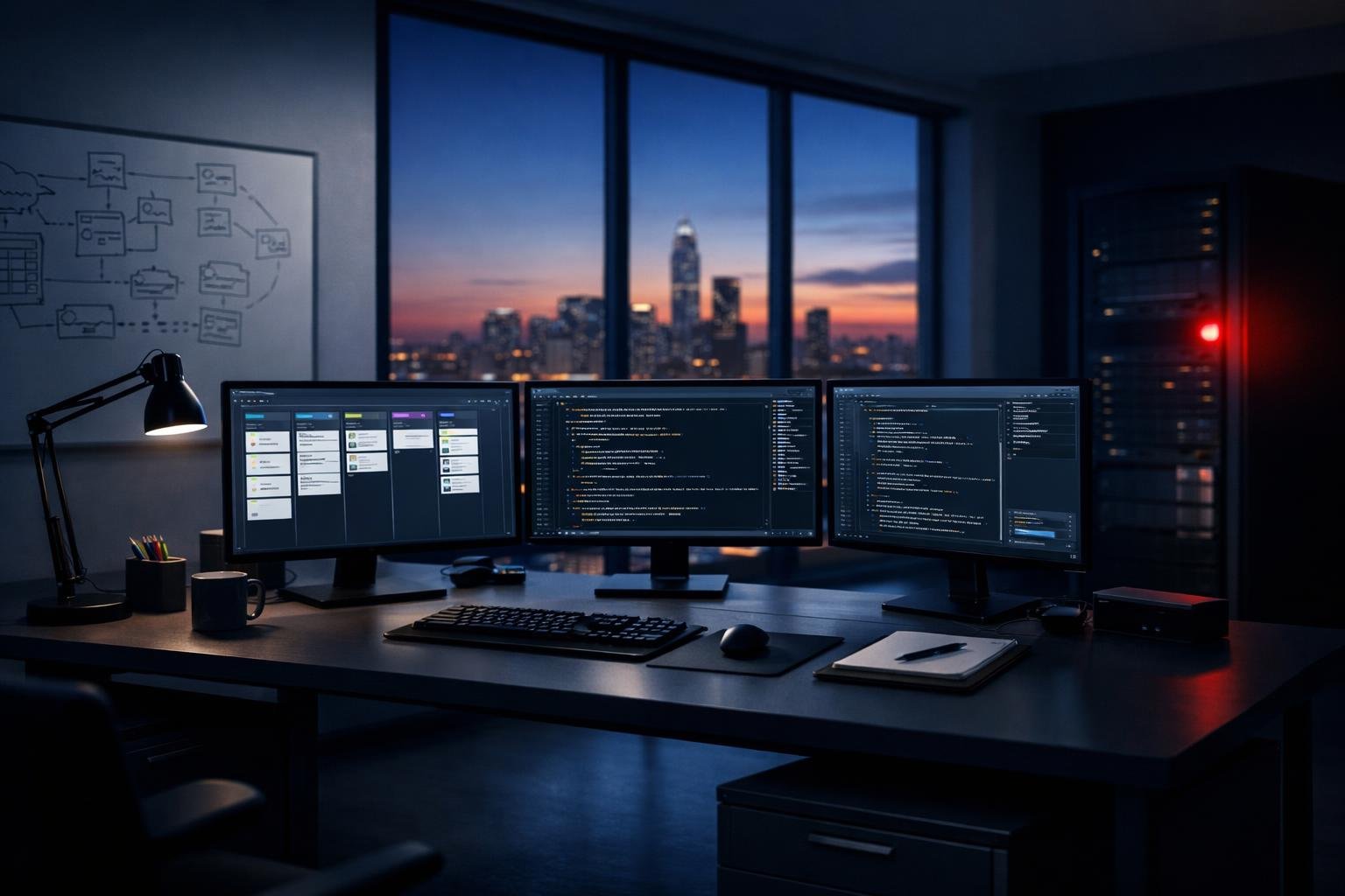 1099 developer coverage: modern IT engineering workspace with sprint boards and code on monitors at dawn