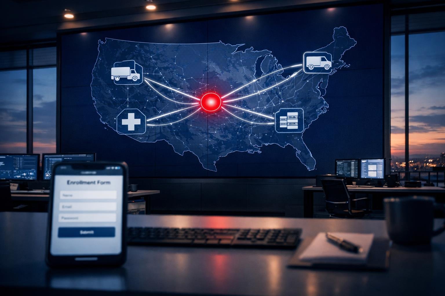 Command-center display mapping 1099 workforce coverage across trucking, delivery, healthcare, and IT nodes on a US map
