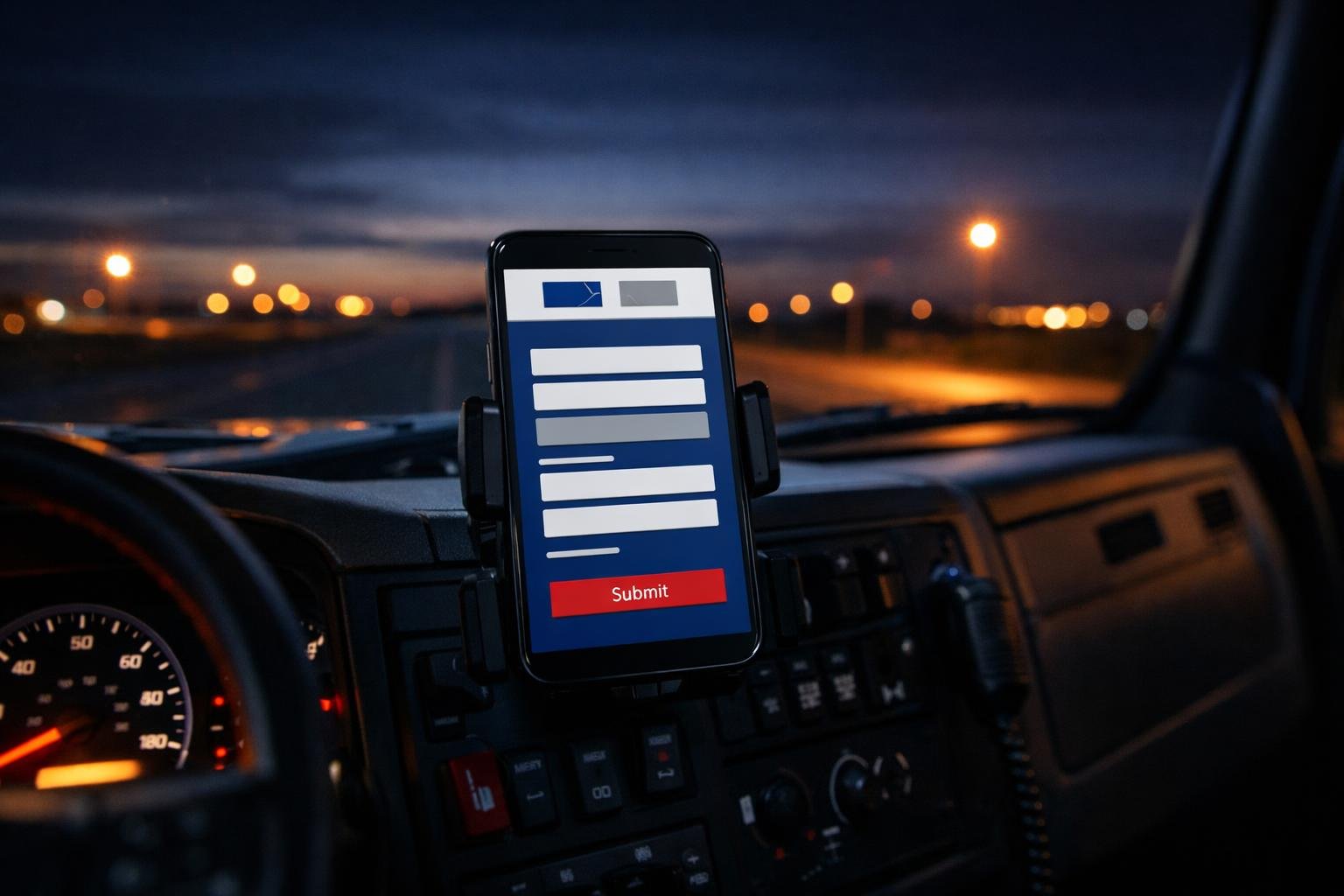 Co-branded 24/7 OAI enrollment form glowing on a phone mounted in a dark semi-truck cab at night
