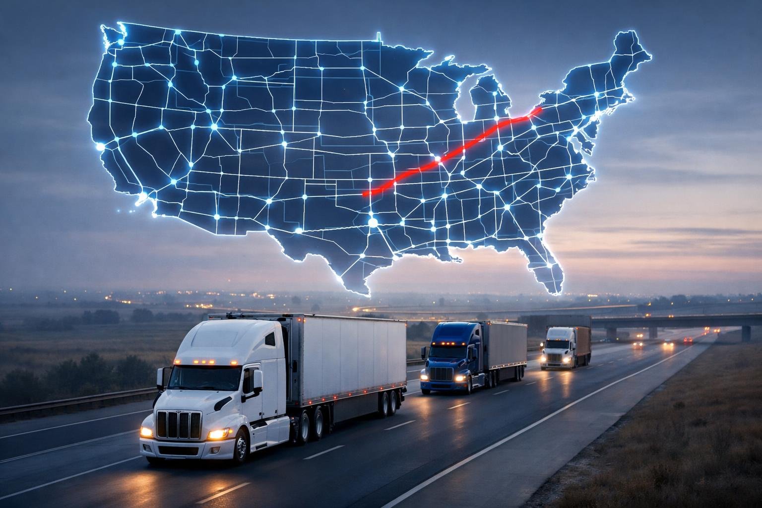 Semi-truck fleet crossing state lines beneath a glowing U.S. map of ABC test states in trust blue