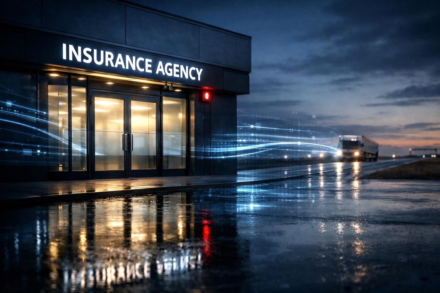 Modern agency storefront with data rails flowing to a highway horizon, illustrating co-branded insurance distribution