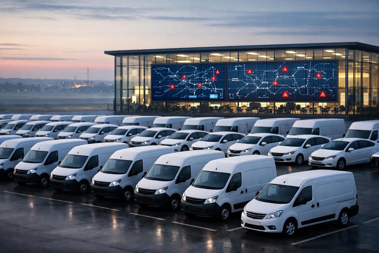 Courier fleet OAI: white cargo vans staged at a distribution hub at dawn beneath a glowing logistics command center